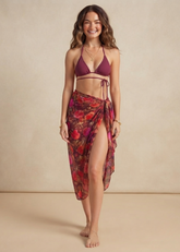 Wine Red Tie-up Bikini Set with Sarong