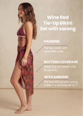 Wine Red Tie-up Bikini Set with Sarong