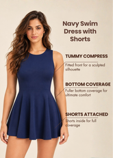 Navy Blue Sleeveless Fit & Flare Swimdress