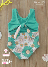 Girls Teal Printed One-Piece Bow Swimsuit