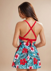 Red Printed Swim Dress with Bottom