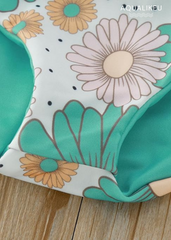 Girls Teal Printed One-Piece Bow Swimsuit