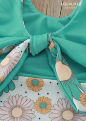 Girls Teal Printed One-Piece Bow Swimsuit