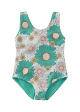 Girls Teal Printed One-Piece Bow Swimsuit