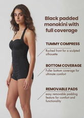 Black full coverage halter monokini with ruched tummy control