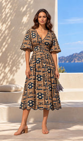 Brown Geometric Puff sleeve Dress