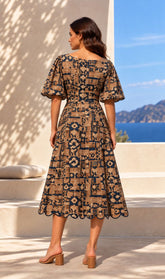 Brown Geometric Puff sleeve Dress