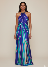 Blue Geometric Printed Halter Neck Maxi Dress