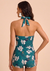 Teal Floral Printed Monokini with Full Coverage