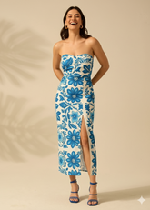 Blue Floral Printed Tube Dress