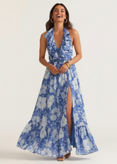 Blue & White Floral Printed Maxi Dress
