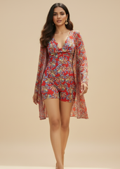 Red Printed Monokini with Shrug