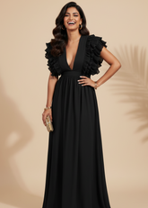 Black Ruffled Sleeve Maxi Dress