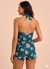 Teal Floral Printed Monokini with Full Coverage