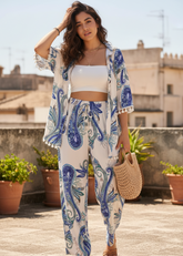 Blue & White Printed Co-Ord with Bottom and Cover Up