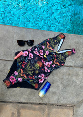 Black Floral Printed Monokini With Sarong
