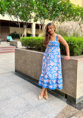 Blue Floral Printed Flared Dress