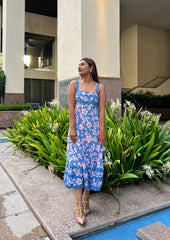 Blue Floral Printed Flared Dress