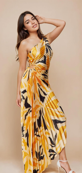 Black & Yellow Printed Pleated Dress