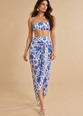 Blue & White Floral Printed High-Waisted Bikini Set