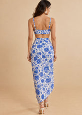 Blue & White Floral Printed High-Waisted Bikini Set