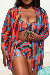 Multi-colored Printed Plus Size Swimwear Set