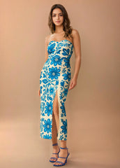 Blue Floral Printed Tube Dress
