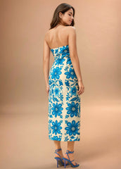 Blue Floral Printed Tube Dress