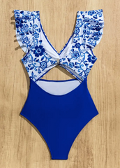 Blue Padded Monokini with Frill Sleeves