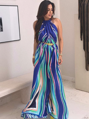 Blue Geometric Printed Halter Neck Maxi Dress