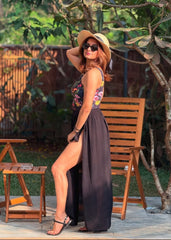 Black Floral Printed Monokini With Sarong