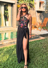Black Floral Printed Monokini With Sarong