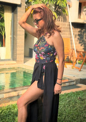 Black Floral Printed Monokini With Sarong