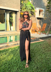 Black Floral Printed Monokini With Sarong