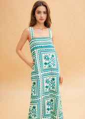 White & Teal Printed Dress