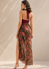Wine Red Monokini with Floral Sarong