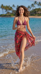 Wine Red Tie-up Bikini Set with Sarong