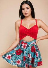 Red Printed Swim Dress with Bottom