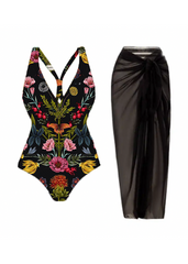 Black Floral Printed Monokini With Sarong