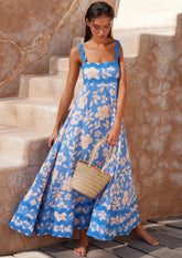 Blue Floral Printed Flared Dress