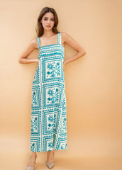 White & Teal Printed Dress