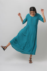 Teal Half Sleeve Dress with Gathered Pockets