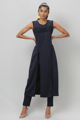Navy Pleated Sleeveless Scuba Kurti with Slits