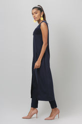 Navy Pleated Sleeveless Scuba Kurti with Slits