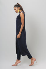 Navy Pleated Sleeveless Scuba Kurti with Slits