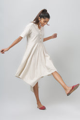 Beige Checkered Half Sleeve Asymmetric Dress