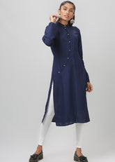 Navy curved Placket Mandarin Collar Full Sleeve Kurti