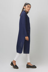 Navy curved Placket Mandarin Collar Full Sleeve Kurti