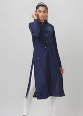 Navy curved Placket Mandarin Collar Full Sleeve Kurti