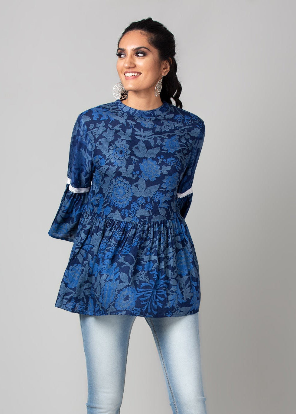 Blue Flared High Neck Bell Sleeves Top - WomanLikeU